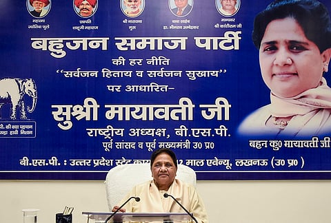 Bahujan Samaj Party (BSP) president Mayawati attends a meeting with the party's state-level office-bearers, in Lucknow, Uttar Pradesh.