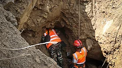 A Nepal army official during a rescue operation for the people trapped inside the tunnel of the Upper Trishuli 3 'A' Hydropower Project in Nuwakot, Nepal. - Photo: Handout via PTI