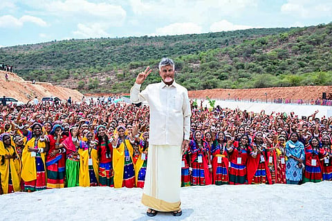 In this image posted on Aug. 31, 2026, Andhra Pradesh Chief Minister N Chandrababu Naidu arrives to perform 'Jala Harati' to Krishna waters at the Veligonda Feeder Canal near Gantavani Palli, in Prakasam district, Andhra Pradesh.