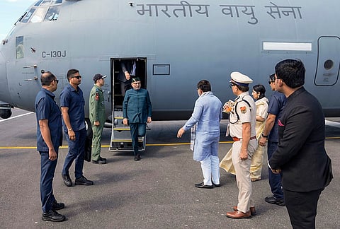 Vice President CP Radhakrishnan being welcomed upon his arrival, in Lakshadweep. 