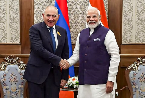 Prime Minister Narendra Modi during a meeting with Armenia Prime Minister Nikol Pashinyan, in Bishkek, Kyrgyzstan. 