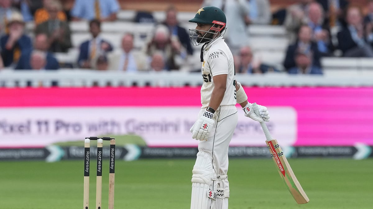Pakistan's Saud Shakeel reacts after losing his wicket on day four of the second cricket test match between England and Pakistan in London, Sunday, Aug. 30, 2026 - (AP Photo/Dave Shopland)