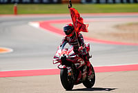 | Photo: AP/Jose Breton : Spain's rider Marc Marquez of the Ducati Lenovo Team celebrates his victory after the MotoGP race of the Grand Prix of Aragon in Alcaniz, Spain, Sunday, Aug. 30, 2026. 