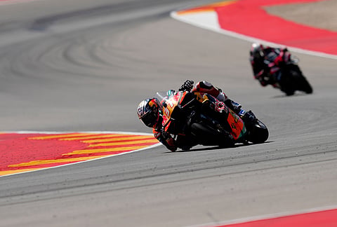 Spain's rider Pedro Acosta of the Red Bull KTM Factory Racing steers his motorcycle during the MotoGP race of the Grand Prix of Aragon in Alcaniz, Spain, Sunday, Aug. 30, 2026.