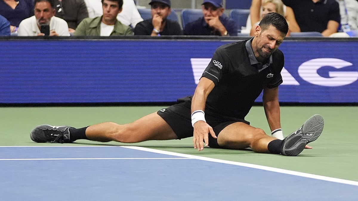 Novak Djokovic, of Serbia, reacts against Mariano Navone, of Argentina, during the first round of the U.S. Open tennis championships Sunday, Aug. 30, 2026, in New York - (AP Photo/Frank Franklin II)