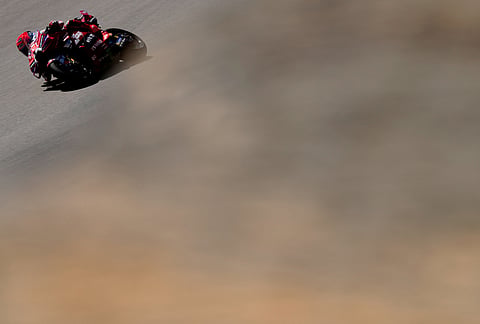 Spain's rider Marc Marquez of the Ducati Lenovo Team steers his motorcycle during the MotoGP race of the Grand Prix of Aragon in Alcaniz, Spain, Sunday, Aug. 30, 2026.