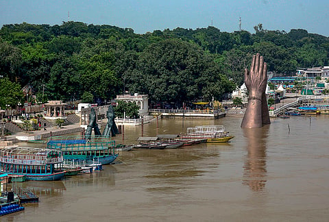 The Namo Ghat is partially submerged in the swollen Ganga river amid monsoon season, in Varanasi, Uttar Pradesh, Sunday, Aug. 30, 2026. 
