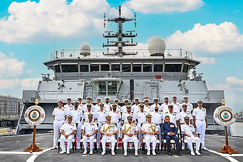 In this image received on Aug. 31, 2026, Chief of the Naval Staff Admiral Krishna Swaminathan, Vice Admiral Sanjay Vatsayan, and others, during the commissioning ceremony of INS Nipun, the second Diving Support Vessel (DSV) of the Nistar-class, at Naval Dockyard, in Mumbai, Maharashtra.