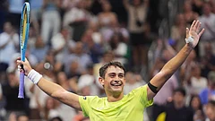 Mariano Navone, of Argentina, celebrates after he defeated Novak Djokovic, of Serbia, during the first round of the U.S. Open tennis championships Sunday, Aug. 30, 2026, in New York - (AP Photo/Frank Franklin II)