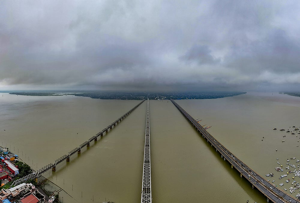 A panoramic view shows the swollen Ganga river after monsoon rains, in Prayagraj, Monday, Aug. 31, 2026.  - | Photo: PTI