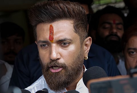 Patna: Union Minister Chirag Paswan speaks to media at his residence, in Patna.