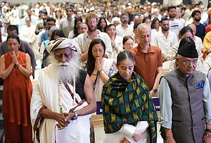 | Photo: Handout via PTI : Isha Foundation founder Sadhguru Jaggi Vasudev with actor Manisha Koirala during the 'In Solidarity with Nepal' event, in Kathmandu on Sunday.