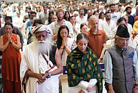 | Photo: Handout via PTI  : Isha Foundation founder Sadhguru Jaggi Vasudev with actor Manisha Koirala during the 'In Solidarity with Nepal' event, in Kathmandu on Sunday. 