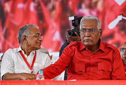 Communist Party of India (CPI) General Secretary D Raja, right, during the ‘Delhi Chalo’ rally under the central slogan ‘Badalaav Zaroori Hai’, at Ramlila Maidan, in New Delhi.