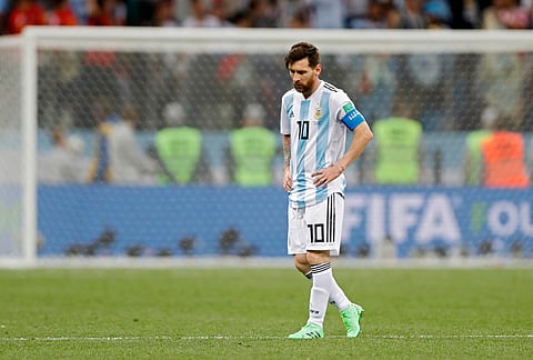 Argentina's Lionel Messi walks along the pitch at the end of the group D match against Croatia at the 2018 soccer World Cup in Nizhny Novgorod, Russia, June 21, 2018. Croatia defeated Argentina 3-0. 