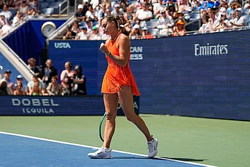 | Photo: AP/Seth Wenig : Aryna Sabalenka, of Belarus, celebrates after winning a match against Camila Osorio, of Colombia, during the first round of the U.S. Open tennis championships in New York.