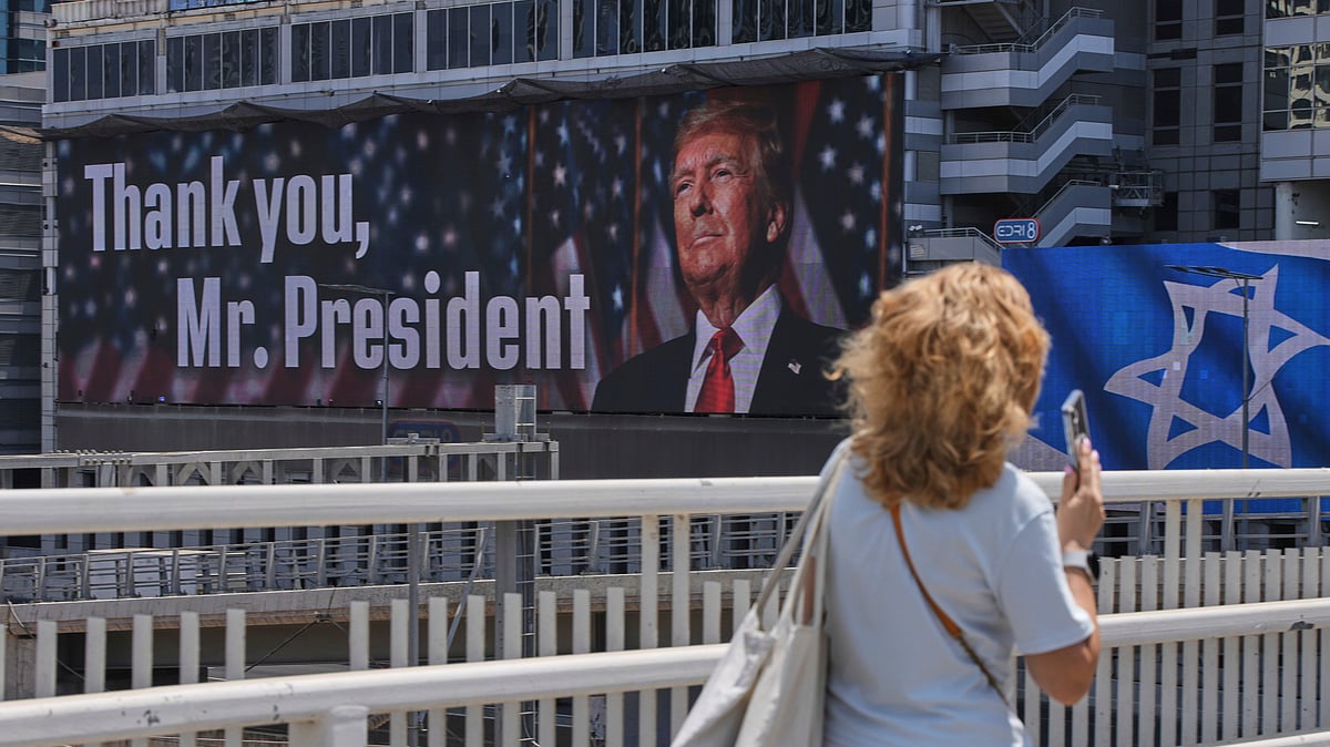 An electronic billboard beams an image of President Donald Trump alongside the message "Thank you, Mr. President" referring to the U.S. involvement in the war between Israel and Iran, in Ramat Gan, Israel, Sunday, June 22, 2025.  - | AP |