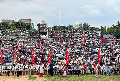 All India Kisan Sabha (AIKS) members and supporters attend the open session of the 22nd Tripura State Conference, in Agartala.