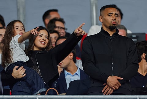 Barcelona's new signing Gabriel Jesus watches from the stands during a Spanish La Liga soccer match between Barcelona and Rayo Vallecano in Barcelona, Spain, Monday, Aug. 31, 2026. 