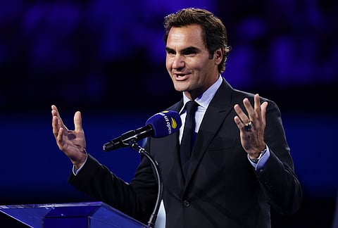 Roger Federer, former tennis player, speaks as he receives his Hall of Fame ring at the U.S. Open tennis championships Monday, Aug. 31, 2026, in New York. 
