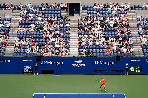 Aryna Sabalenka, of Belarus, returns the ball to Camila Osorio, of Colombia, during the first round of the U.S. Open tennis championships in New York.