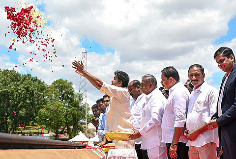 Tamil Nadu Chief Minister Vijay during the opening ceremony of the sluices of the Stanley Reservoir, marking the release of Cauvery water, in Mettur. 