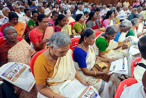 Elderly women attend the inauguration of first anniversary celebration of Senior Citizens' Commission, in Thiruvananthapuram, Keralam.
