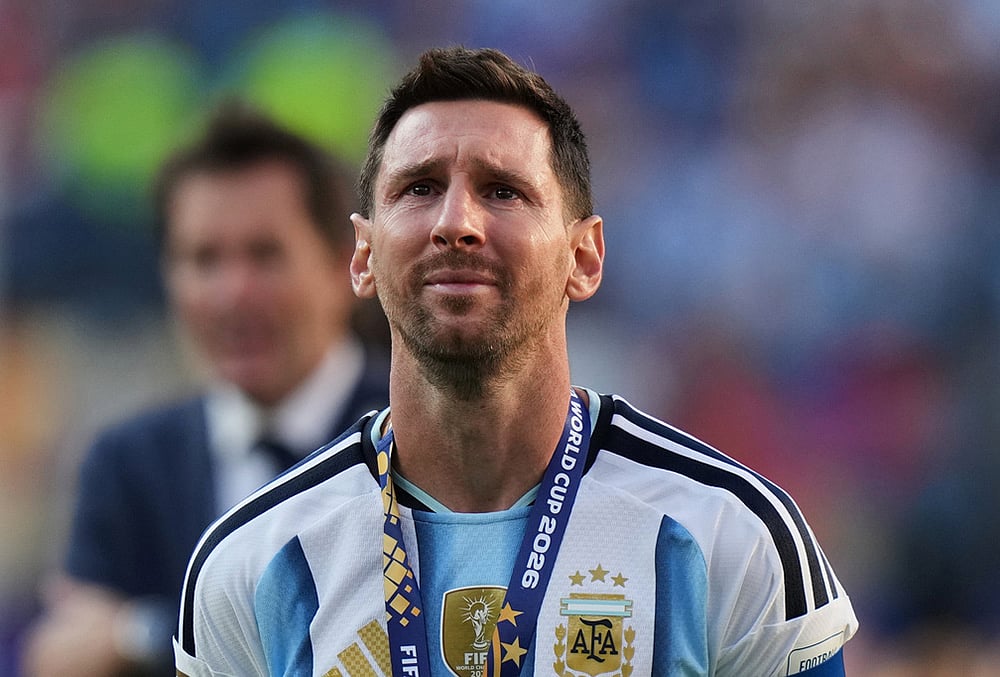 Argentinas Lionel Messi cries at the end of the World Cup final soccer match with Spain in East Rutherford, N.J., near New York, July 19, 2026. 