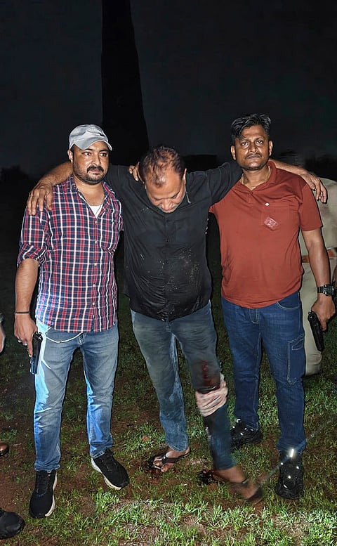Firecracker factory owner Naushad, the main accused in the blast that killed 11 people, including eight children, being escorted by police after his arrest following an encounter, in Kaushambi, Uttar Pradesh. Naushad sustained a bullet injury in the exchange of fire and was admitted to the district hospital. 