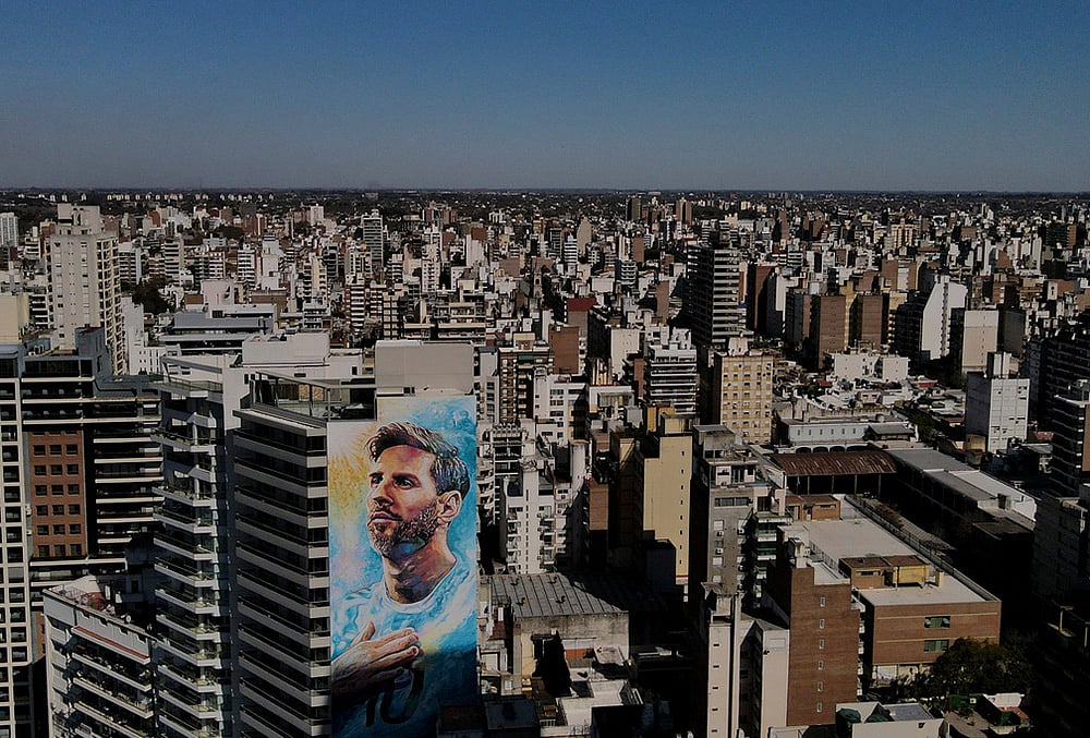 A mural of soccer player Lionel Messi blankets the facade of an apartment building in Rosario, Argentina, Aug. 19, 2022. 