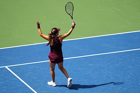 Camila Osorio, of Colombia, reacts during a match against Aryna Sabalenka, of Belarus, during the first round of the U.S. Open tennis championships in New York.