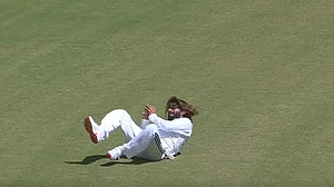 BCCIdomestic/X : Rajat Patidar sprinted backwards from inside the 30-yard circle to complete a diving catch dismissing Vaibhav Sooryavanshi.