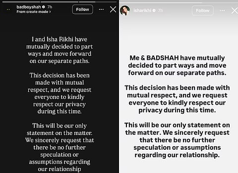 Badshah and Isha Rikhi's statements on their separation
