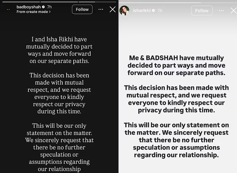 Badshah and Isha Rikhis statements on their separation