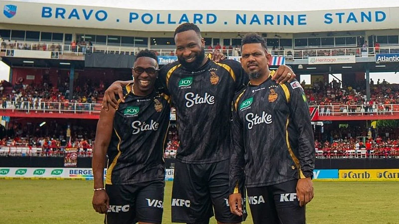 Dwayne Bravo, Kieron Pollard and Sunil Narine stand unveiled at Queens Park Oval