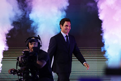 Roger Federer, former tennis player, arrives to receive his Hall of Fame ring at the U.S. Open tennis championships Monday, Aug. 31, 2026, in New York. 