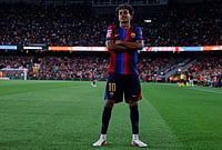 | Photo: AP/Joan Monfort : Barcelona's Lamine Yamal celebrates after scoring his side's fifth goal during a Spanish La Liga soccer match between Barcelona and Rayo Vallecano in Barcelona, Spain, Monday, Aug. 31, 2026. 
