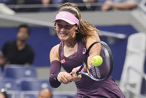 Zeynep Sonmez, of Turkey, hits a return to Coco Gauff, of the United States, during the first round of the U.S. Open tennis championships Tuesday, Sept. 1, 2026, in New York. 