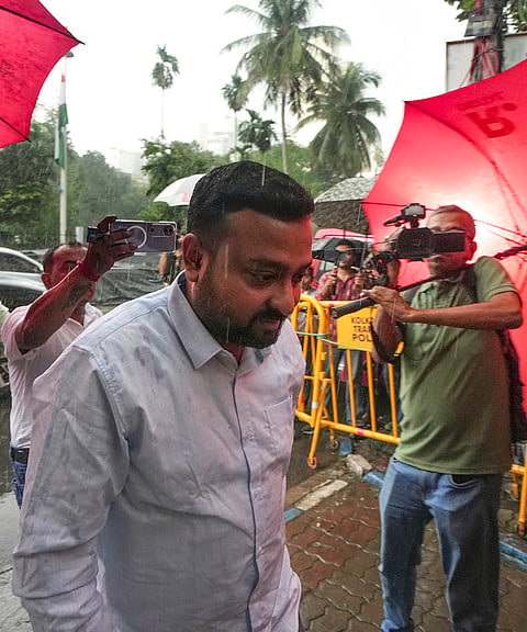 TMC MP Abhishek Banerjee's personal assistant Sumit Roy appears before the Shakespeare Sarani Police Station in connection with a scuffle case at Banerjee's Camac street office over the removal of a billboard bearing party signage, in Kolkata, West Bengal.