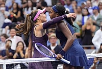 | Photo: AP/Frank Franklin II : Coco Gauff, right, of the United States, embraces Zeynep Sonmez, of Turkey, after their match in the first round of the U.S. Open tennis championships Tuesday, Sept. 1, 2026, in New York. 