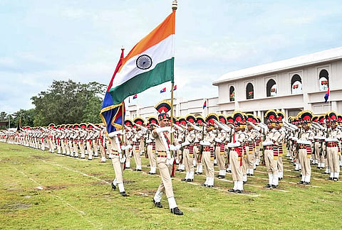 Assam police personnel during the Passing Out Parade of 32 Deputy Superintendents of Police (Probationers) and 371 Constables of the Communication Branch, at the Lachit Barphukan Police Academy, in Dergaon.