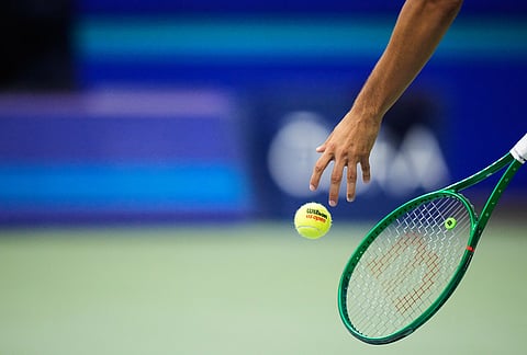 Lorenzo Sonego, of Italy, prepares to serve to Alexander Zverev, of Germany, during the first round of the U.S. Open tennis championships Tuesday, Sept. 1, 2026, in New York. 