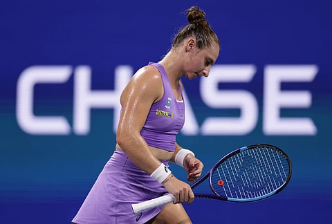 Mary Stoiana, of the United States, reacts during her match against Alexandra Eala, of the Philippines, in the first round of the U.S. Open tennis championships Tuesday, Sept. 1, 2026, in New York. 