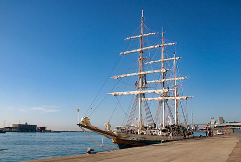 Indian Navy's sail training vessel INS Sudarshini is docked at the port, in Barcelona, Spain. The ship arrived as part of the ongoing transoceanic expedition 'Lokayan 26' to undertake professional and cultural exchanges with the Spanish Navy. 
