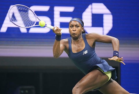 Coco Gauff, of the United States, hits a return to Zeynep Sonmez, of Turkey, during the first round of the U.S. Open tennis championships Tuesday, Sept. 1, 2026, in New York.