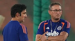 India's head coach Gautam Gambhir, left and chief selector Ajit Agarkar talk during a practice session ahead of the T20 World Cup final against New Zealand in Ahmedabad. - AP