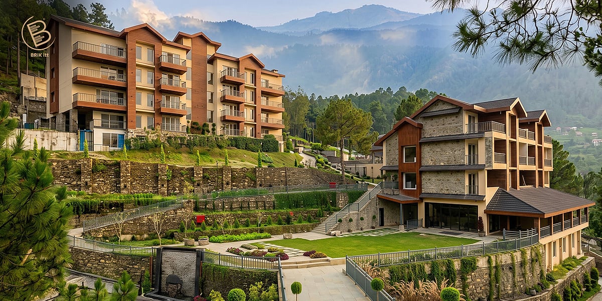Large modern resort buildings in the mountains