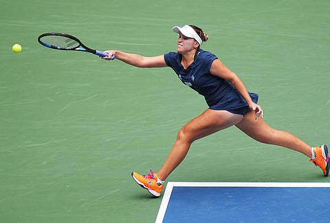 Sofia Kenin, of the United States, returns the ball to Jessica Pegula, of the United States, during the second round of the U.S. Open tennis championships Wednesday, Sept. 2, 2026, in New York.