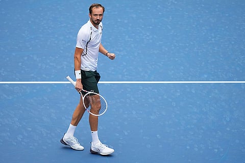 Daniil Medvedev, of Russia, reacts during the second round of the U.S. Open tennis championships against Sebastian Gorzny, of the United States in New York.