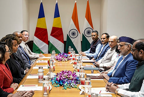 Vice President CP Radhakrishnan during a meeting with a Seychelles Parliamentary Delegation led by the country's National Assembly Speaker Azarel Ernesta, at Parliament House, New Delhi.